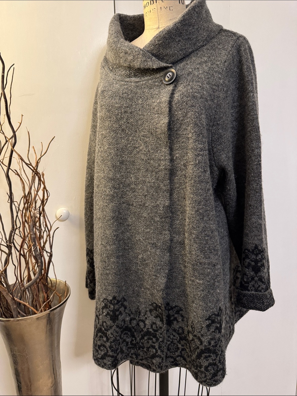 Women's Grey Button-Collar Wool Blend Cape Sweater
